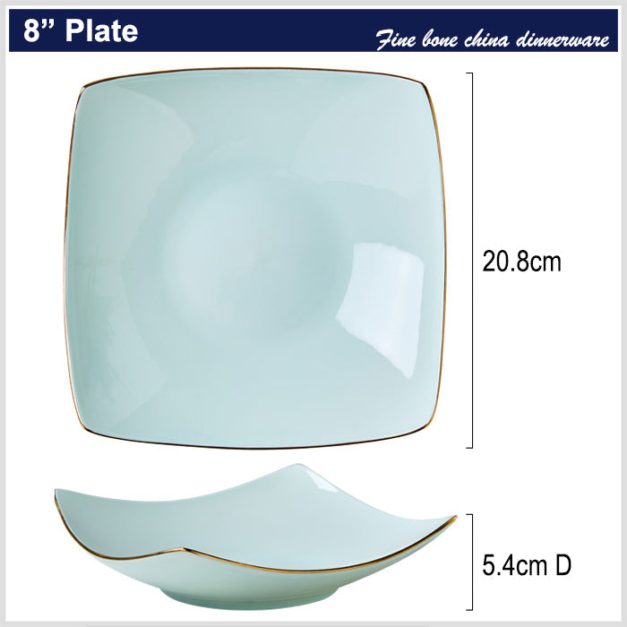 Bone China Celadon Square Plate - Curved Edge with Upward Angles