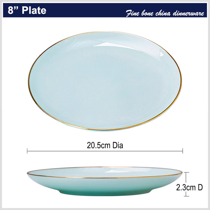 Bone China Celadon Dinnerware - Flat Plate with Gold Rim