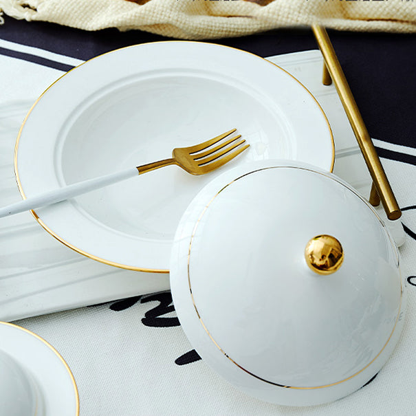 Bone China Steam Soup Bowl W/ Lid - Gold Rimmed