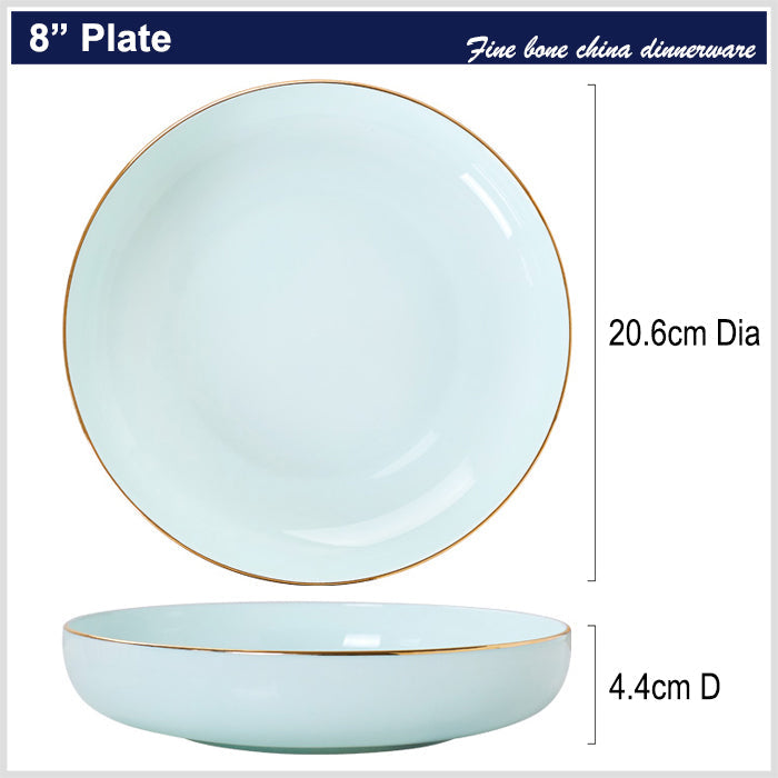 Bone China Celadon Dinnerware - Round Plate with Gold Rim