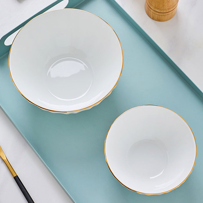 Bone China Ribbed Bowl - White with Gold Rim
