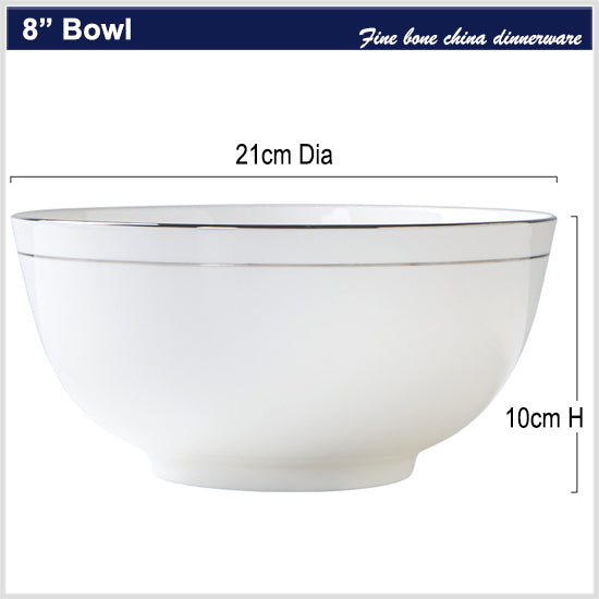 Bone China Round Bowl - White with Silver Rim & Foot