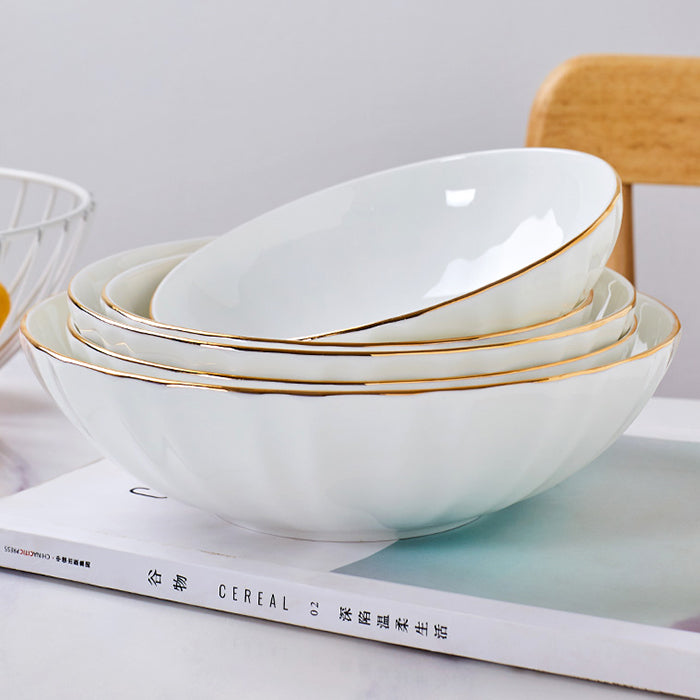 Bone China Ribbed Bowl - with Wide Mouth & Gold Rim