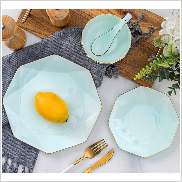 Bone China Celadon Dinnerware - Octagon Plate with Gold Rim