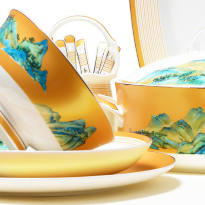 Luxury Bone China Dining Ware Collection - Embossed Gold on Enameling of Landscape Motif with Yellow Background