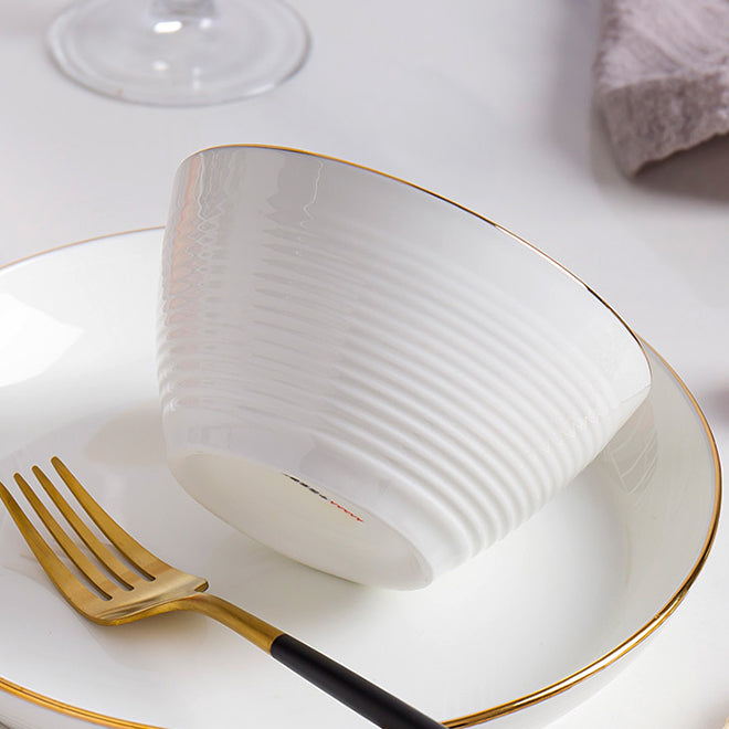 Bone China Round Bowl - Horizontal Ridges & Gold Rim