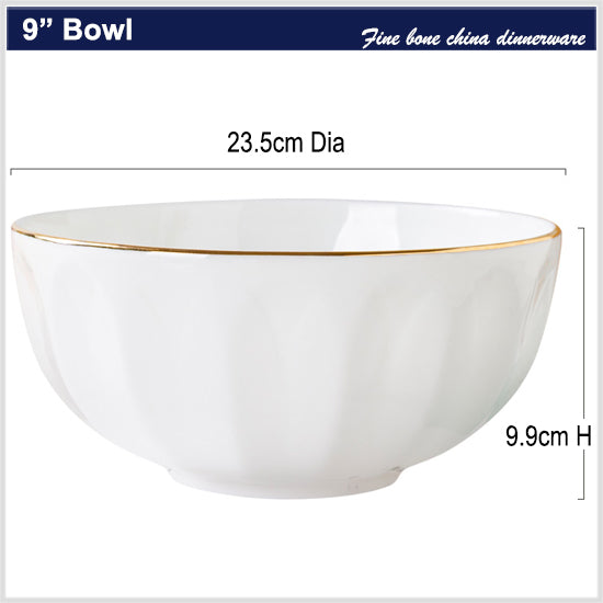 Bone China Tableware - Ribbed Bowl with Gold Rim