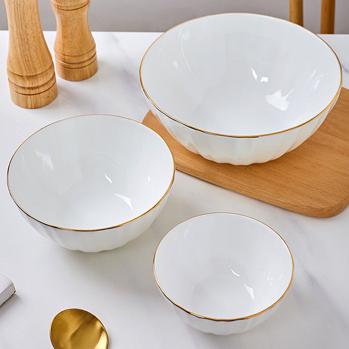 Bone China Ribbed Bowl - White with Gold Rim