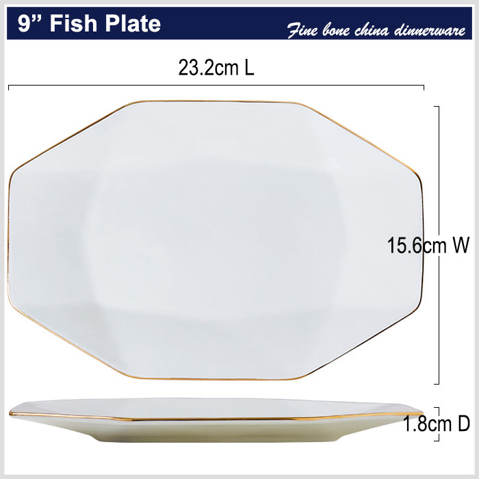 Bone China Dinnerware -Octagon Fish Platter with Gold Rim