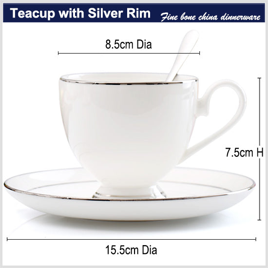 Bone China Tea Cup & Saucer - W/ Gold Rim or Silver Rim
