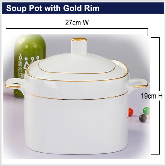 Bone China Square Soup Tureen - White W/Gold Rim or W/O Rim
