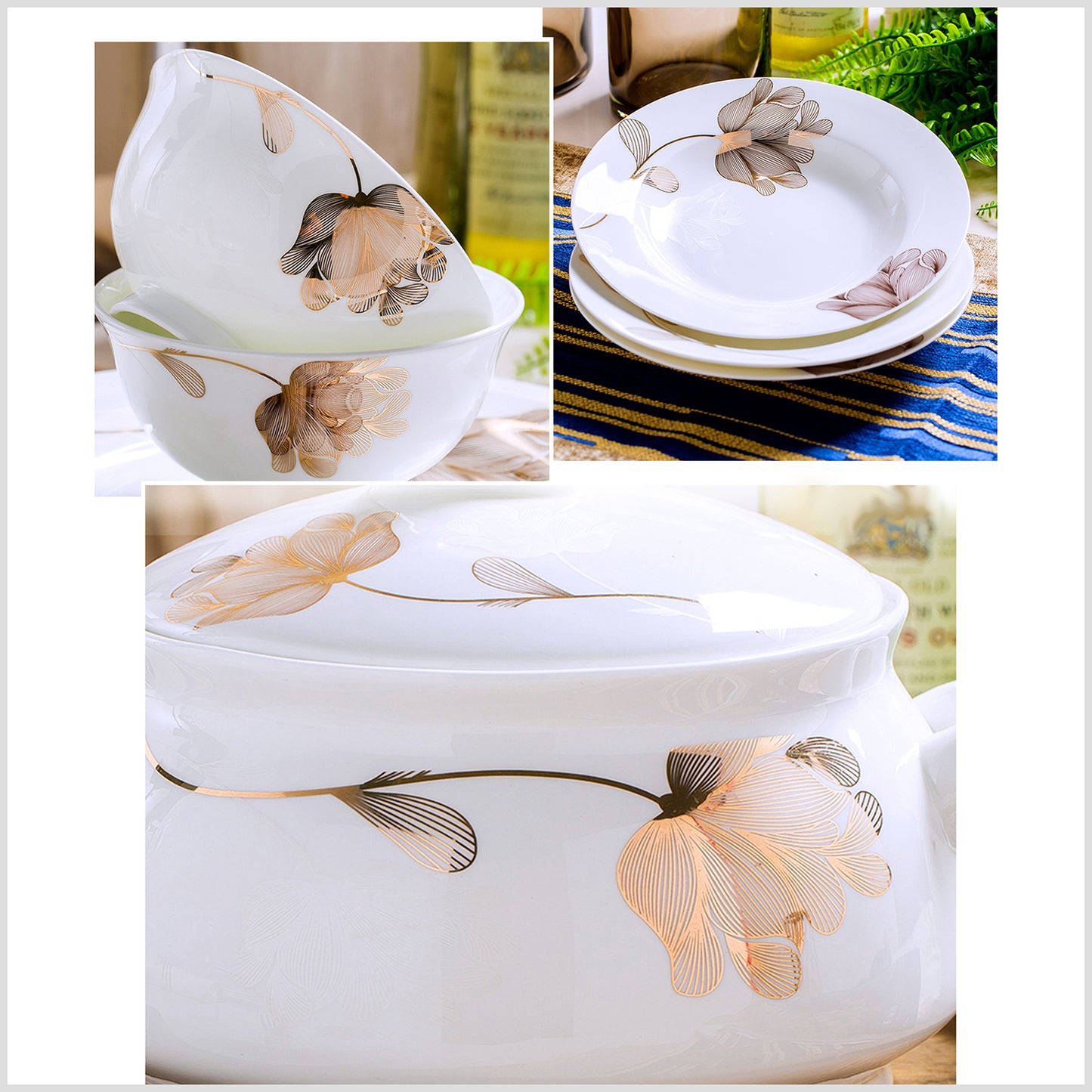 Bone China Dinnerware Set - Abstract Floral Design in Gold