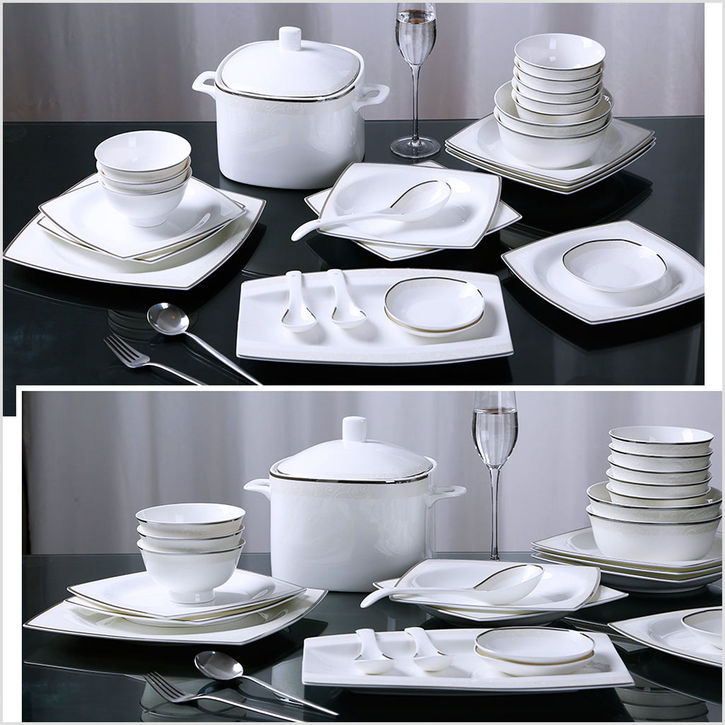 Bone China Dinnerware Set - Handcrafted Silver Inlay with Pattern in Relief