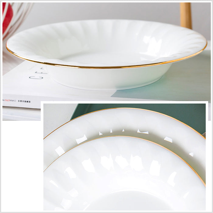 Bone China Deep Plate - Ribbed Front Edge & Gold Rim