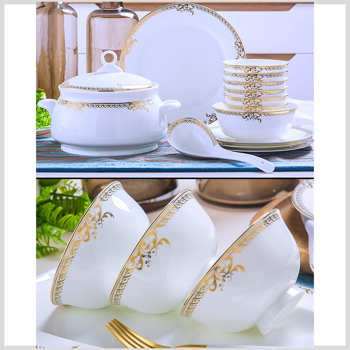 Bone China Dinnerware Set - Gold Inlay of Decorative Rim