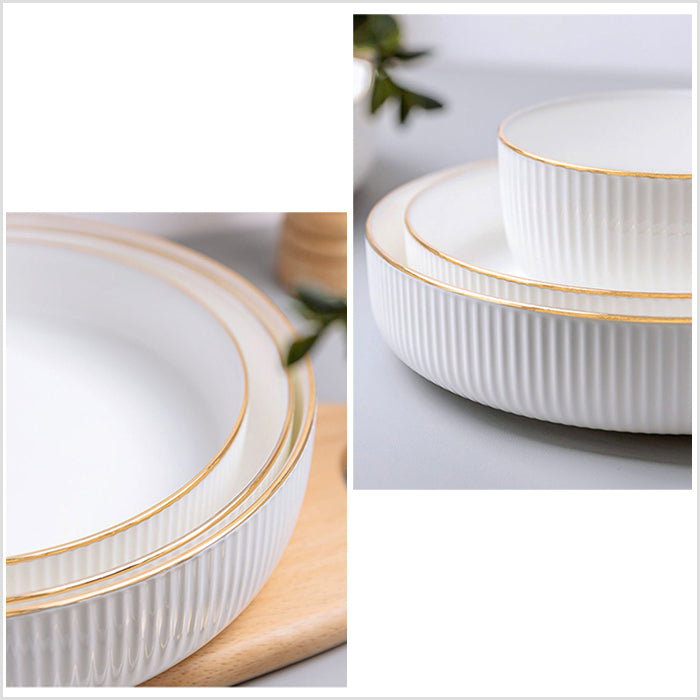 Bone China Dinnerware - Ribbed Plate with Gold Rim