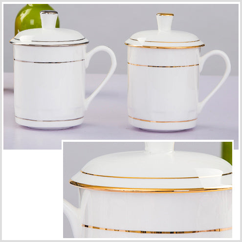 Bone China Tea Mug with Lid - Gold or Silver Rim