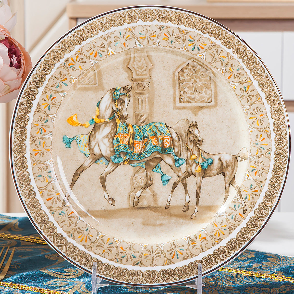 Bone China Dinnerware Set - Brown Decorative Rim & Horse Motif