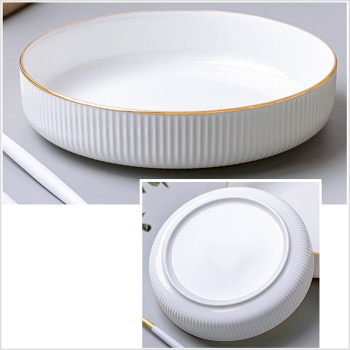 Bone China Dinnerware - Ribbed Plate with Gold Rim