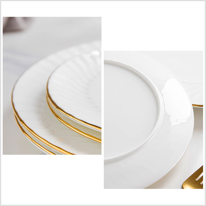 Bone China Dinner Plate - Ribbed Front Edge & Gold Rim