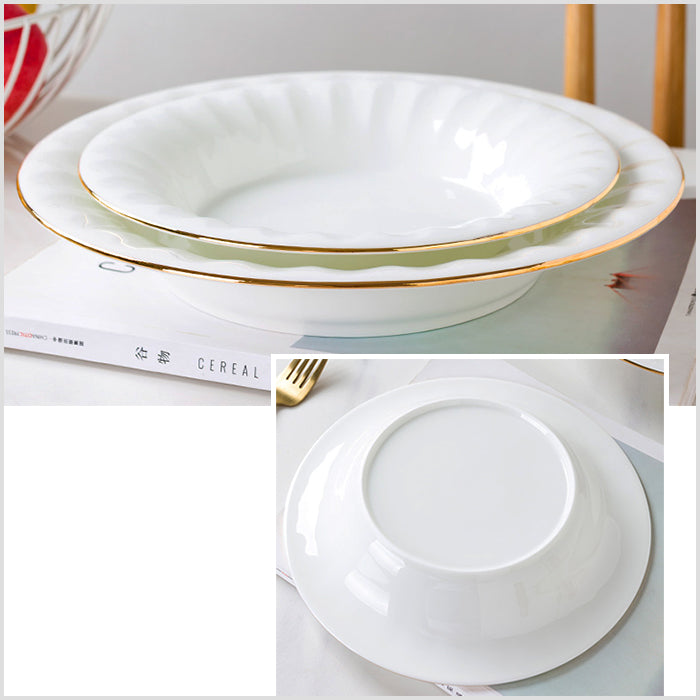 Bone China Deep Plate - Ribbed Front Edge & Gold Rim