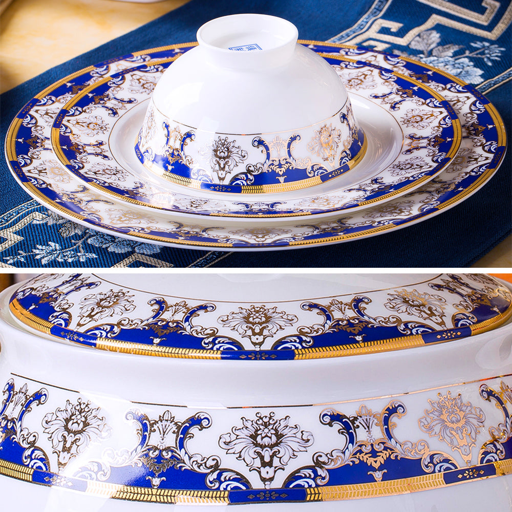 Bone China Dinnerware Set - Gold Inlay of Decorative Motif in Blue
