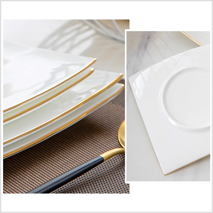 Bone China Dinnerware - Square Plate with Gold Rim