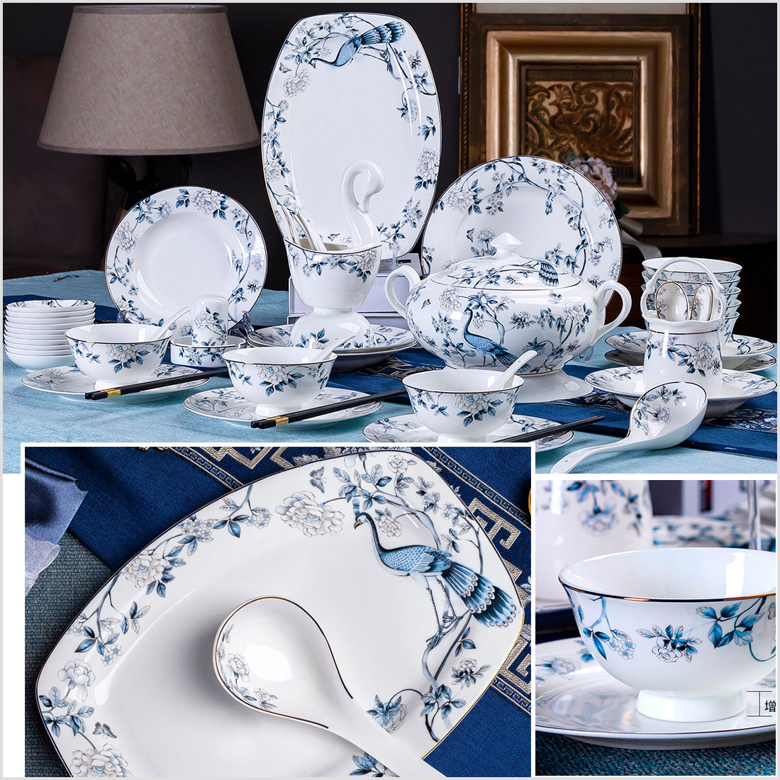 Bone China Dinnerware Set Peacock Floral Motif in Blue