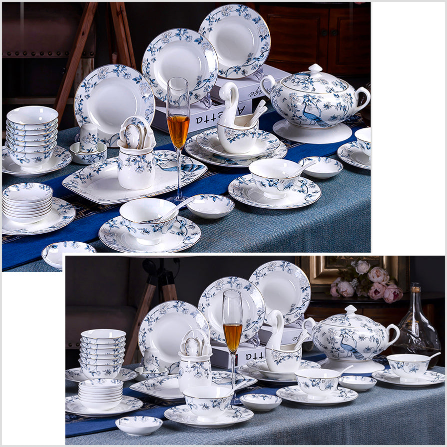 Bone China Dinnerware Set - Peacock & Floral Motif in Blue