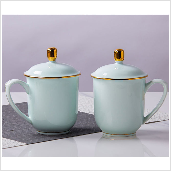 Bone China Celadon Tea Mug with Lid - W/ Gold Rim or W/O Rim