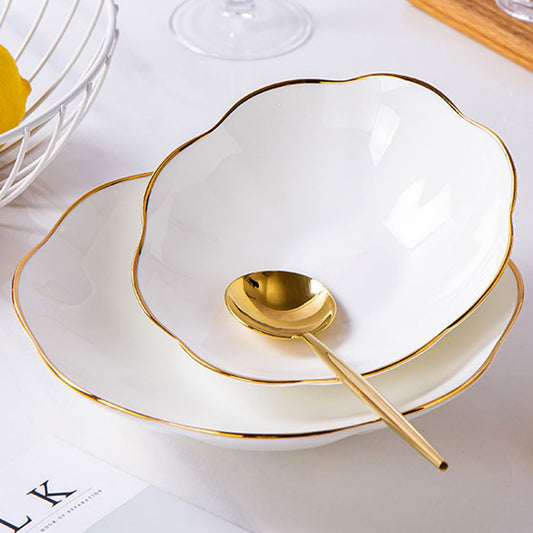 Bone China Deep Plate - Scalloped Edge & Gold Rim