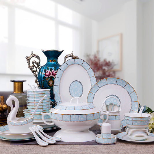 Bone China Dinnerware Set - Gold Rim & Floral Motif in Baby Blue