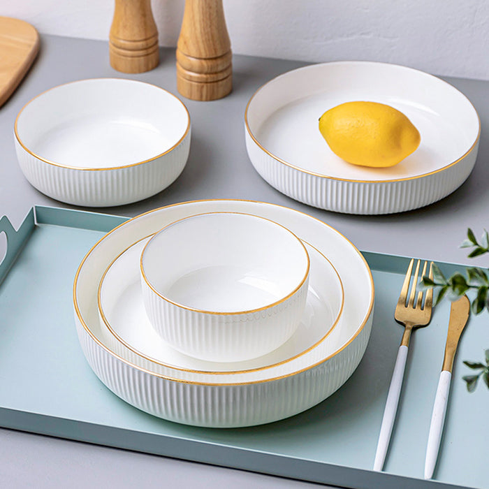 Bone China Dinnerware - Ribbed Plate with Gold Rim