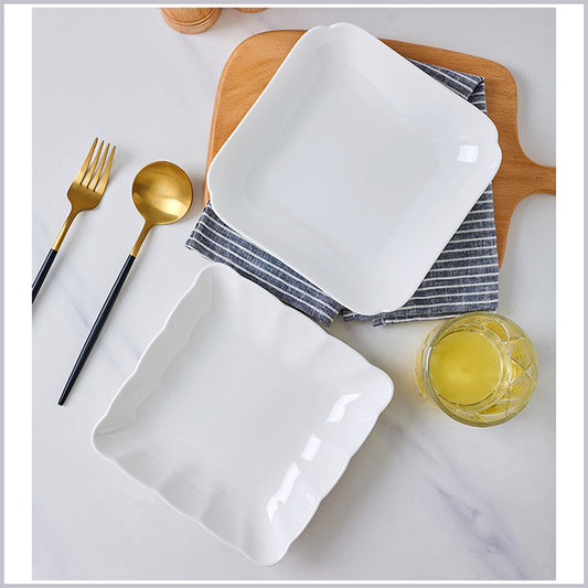 Bone China Square Plate in Creamy White - Scallop or Ribbed Edge