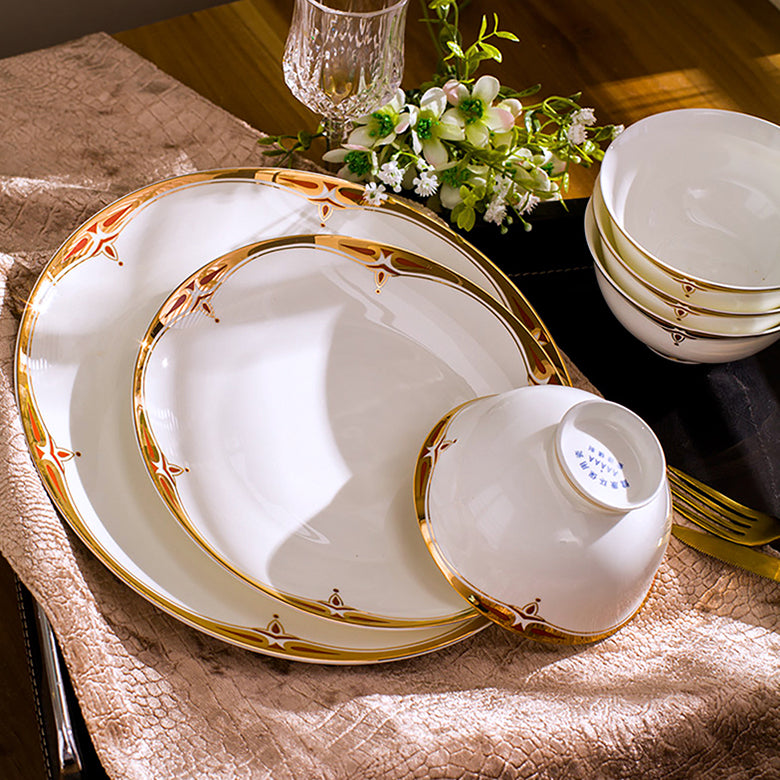 Bone China Dinnerware Set - Decorative Rim in Gold & Rich Colors