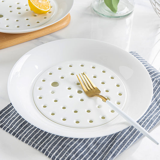 Bone China Dumpling Plate with Strainer - in Creamy White
