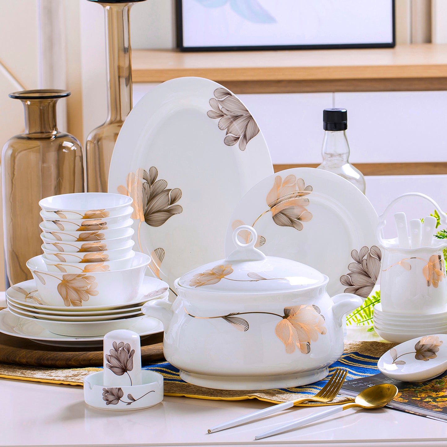 Bone China Dinnerware Set - Abstract Floral Design in Gold