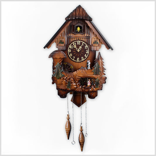 33" Black Forest Wooden Cuckoo Clock with Hand Carvings - Chirping Bird & Dance in Music