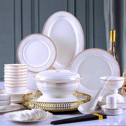 Bone China Dinnerware Set - Decorative Rim in Gold & Brown with Pale Pattern