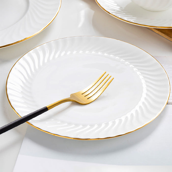 Bone China Dinner Plate - Ribbed Front Edge & Gold Rim