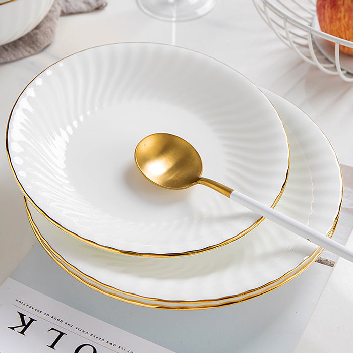 Bone China Round Plate - Ribbed Front Edge & Gold Rim