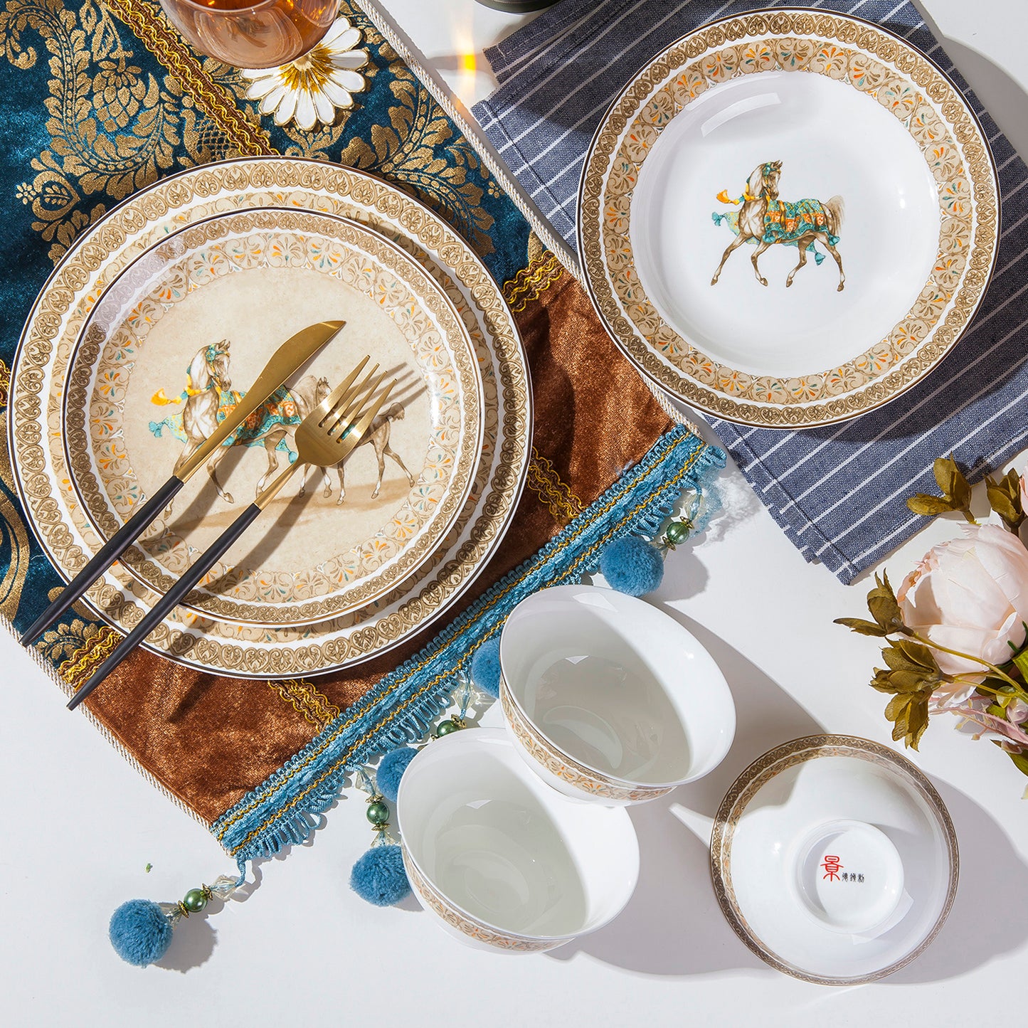 Bone China Dinnerware Set - Brown Decorative Rim & Horse Motif