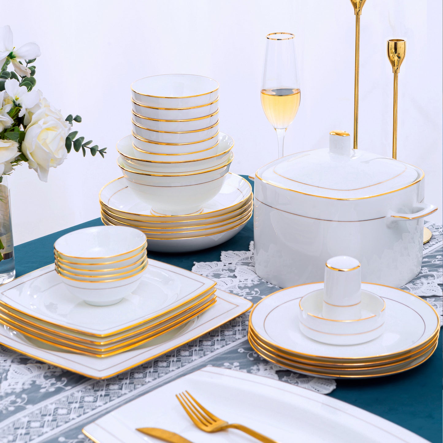 Bone China Dinnerware Set - Handcrafted Gold Inlay