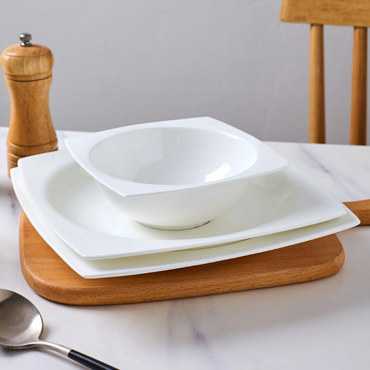 Bone China Square Plate with Concave Circle - in Creamy White
