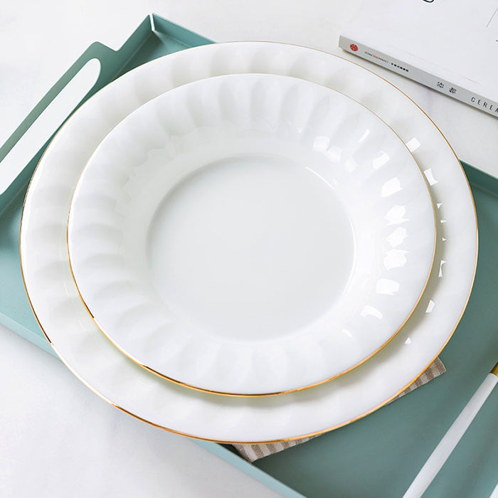 Bone China Deep Plate - Ribbed Front Edge & Gold Rim