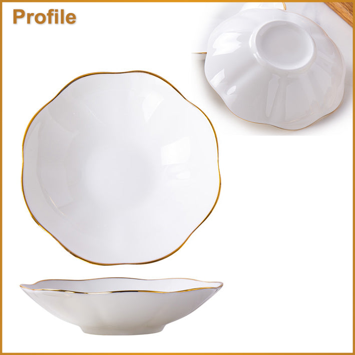 Bone China Deep Plate - Scalloped Edge & Gold Rim