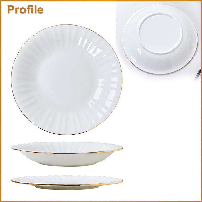 Bone China Round Plate - Ribbed Front Edge & Gold Rim