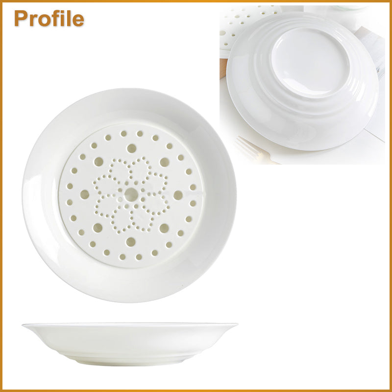 Bone China Dumpling Plate with Strainer - in Creamy White