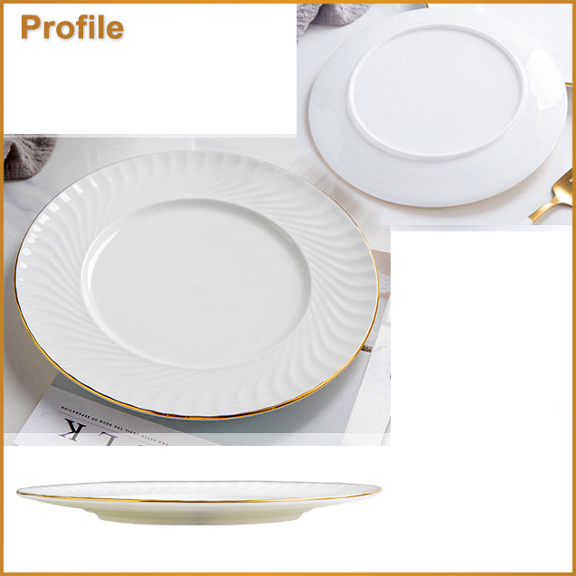 Bone China Dinner Plate - Ribbed Front Edge & Gold Rim