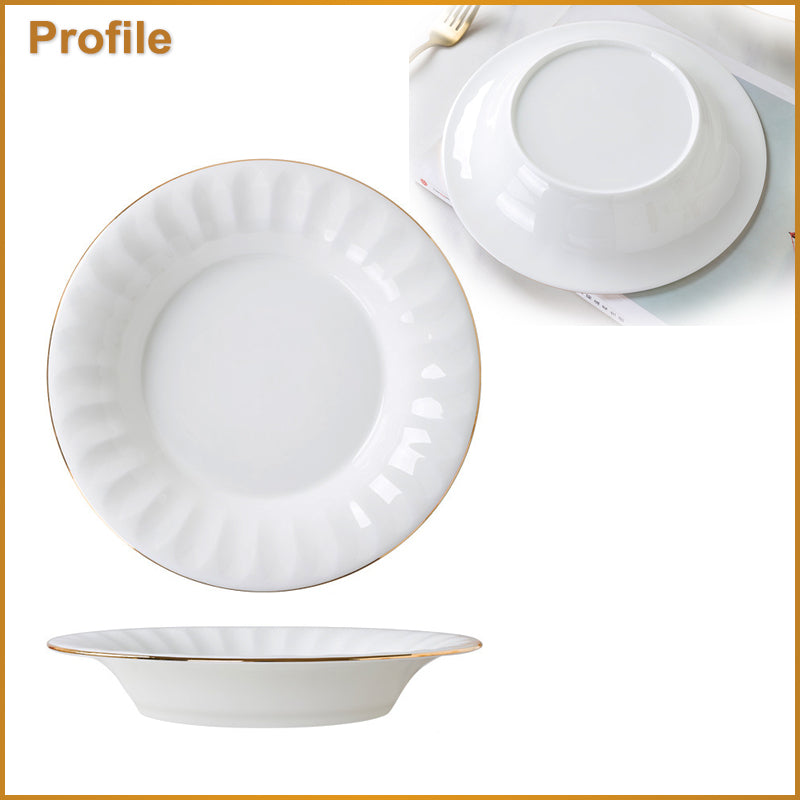 Bone China Deep Plate - Ribbed Front Edge & Gold Rim